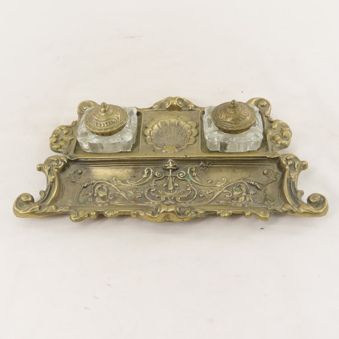 Art Nouveau-Style Double Inkwell, Scroll & Floral: Art Nouveau-Style Double Inkwell, Scroll & Floral - Made in Taiwan Republic of China. LOT SIZE: 11x6x3" 4 LBS All information and photos, which are part of the description, are intended to be as