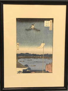 Ca. 1850'S Japanese wood block print "Hundred views of: Ca. 1850'S Japanese wood block print "Hundred views of Yedo", by Hiroshige. Komagata Temple and Adzuma Bridge, . Approximately 16x21.5 inches. Sight is 8.5x13.5 inches.