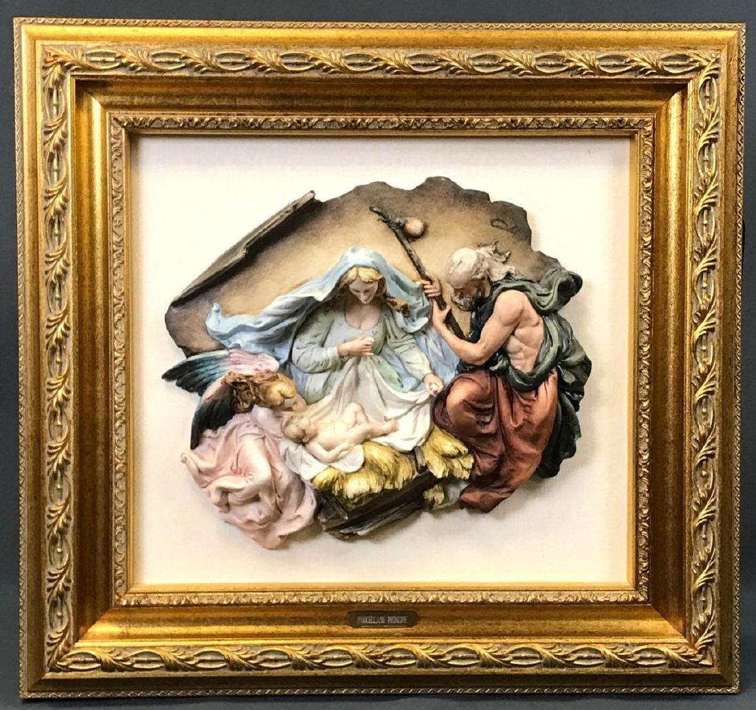 Capodimonte porcelain Nativity: Capodimonte porcelain Nativity with certificate of origin and authenticity, hallmarked by artist Luciano Cazzola. 21.5 x 23.25 x 5.5. Relief and sight 14.5 x 16.
