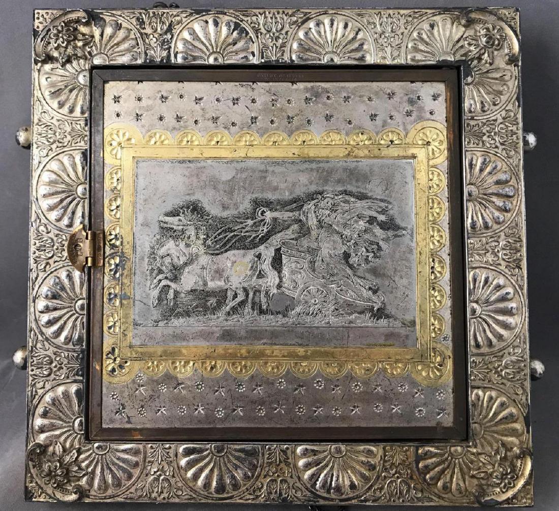 Spectacular Antique Meriden Brittanica Silverplate: Spectacular Antique Meriden Brittanica Silverplate Mirror, 19th Century Aesthetic Movement. With Roman chariot motif. Approximately 10.5x10.5x1 inch.