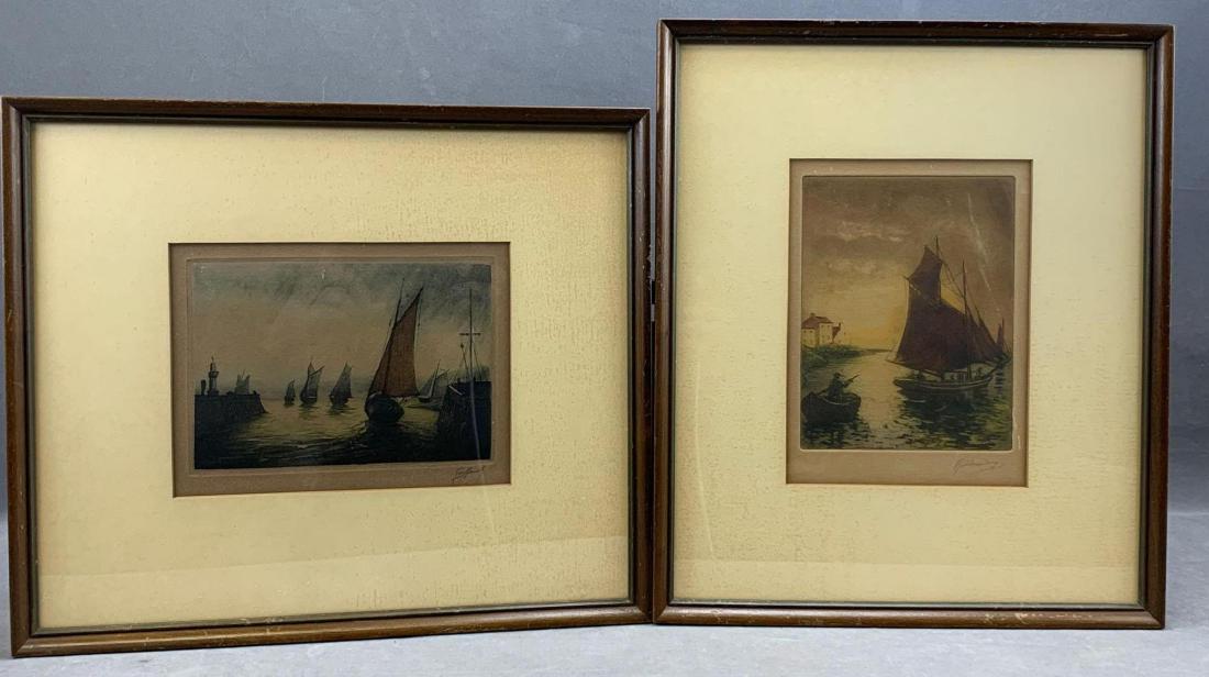 Two 19th century hand colored etchings of sailboat (1 of 4)