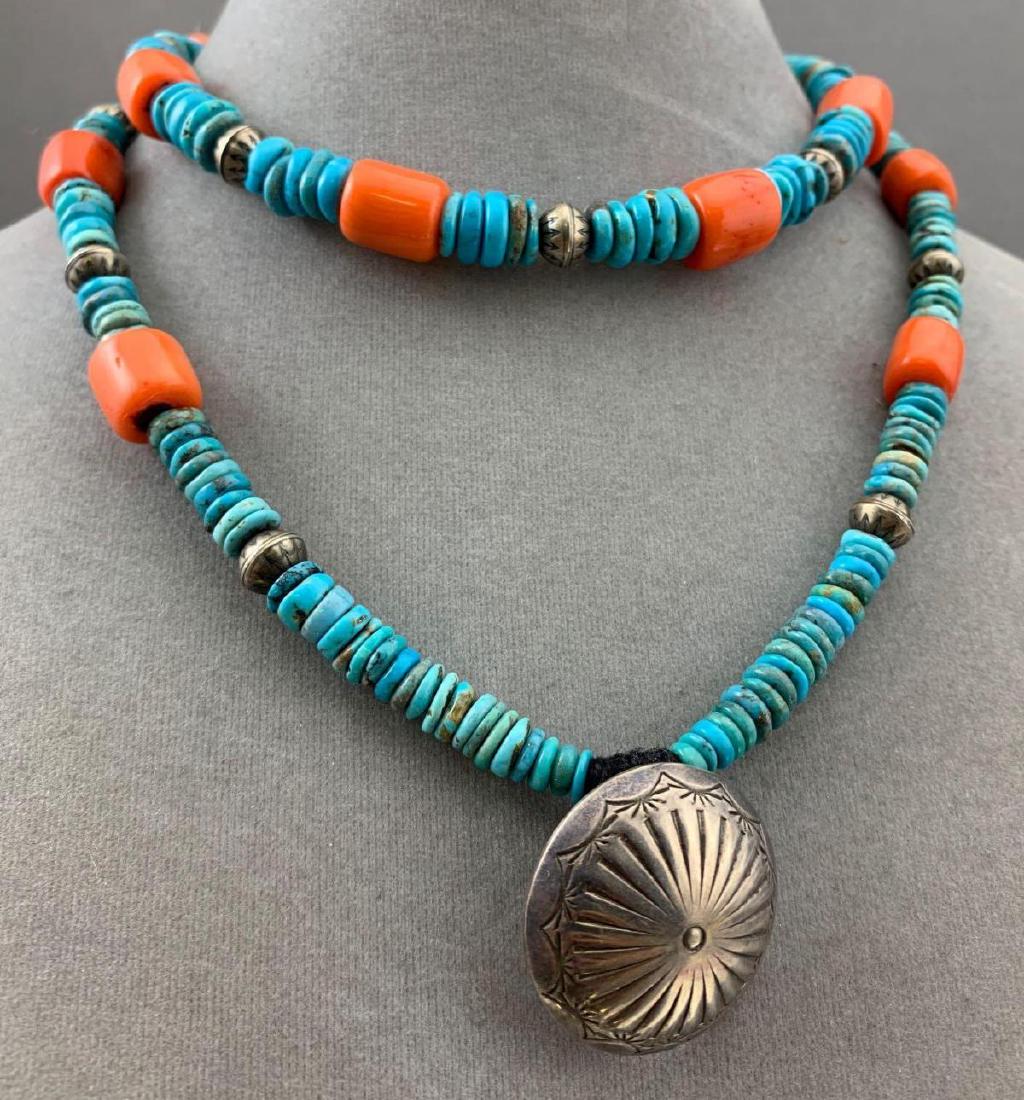 Navajo Sterling silver, turquoise and coral bead (1 of 4)