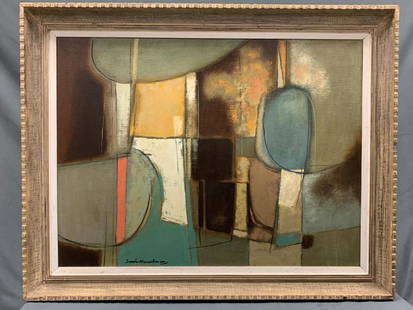 Large Darwin Musselman Mid Century original framed oil: Large Darwin Musselman Mid Century original framed oil on canvas titled The Watermelon. in Musselmans distinctive abstract cubism style. The Watermelon layers texture and shapes in this well balanced