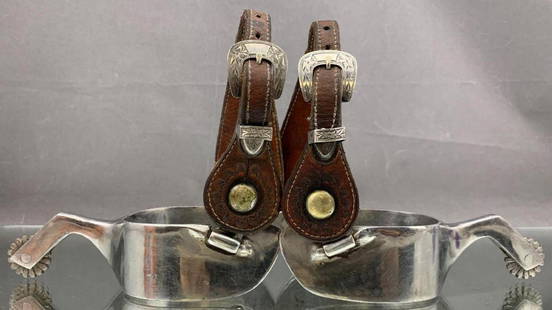 Edward Fred Blanchard vintage stainless steel and: Edward Fred Blanchard vintage stainless steel and sterling horse spurs. Fleming sterling buckes with tooled leather spur straps circa 1950s, hallmarked E. F. Blanchard Yucca ARI. #5SS. Blanchard is re