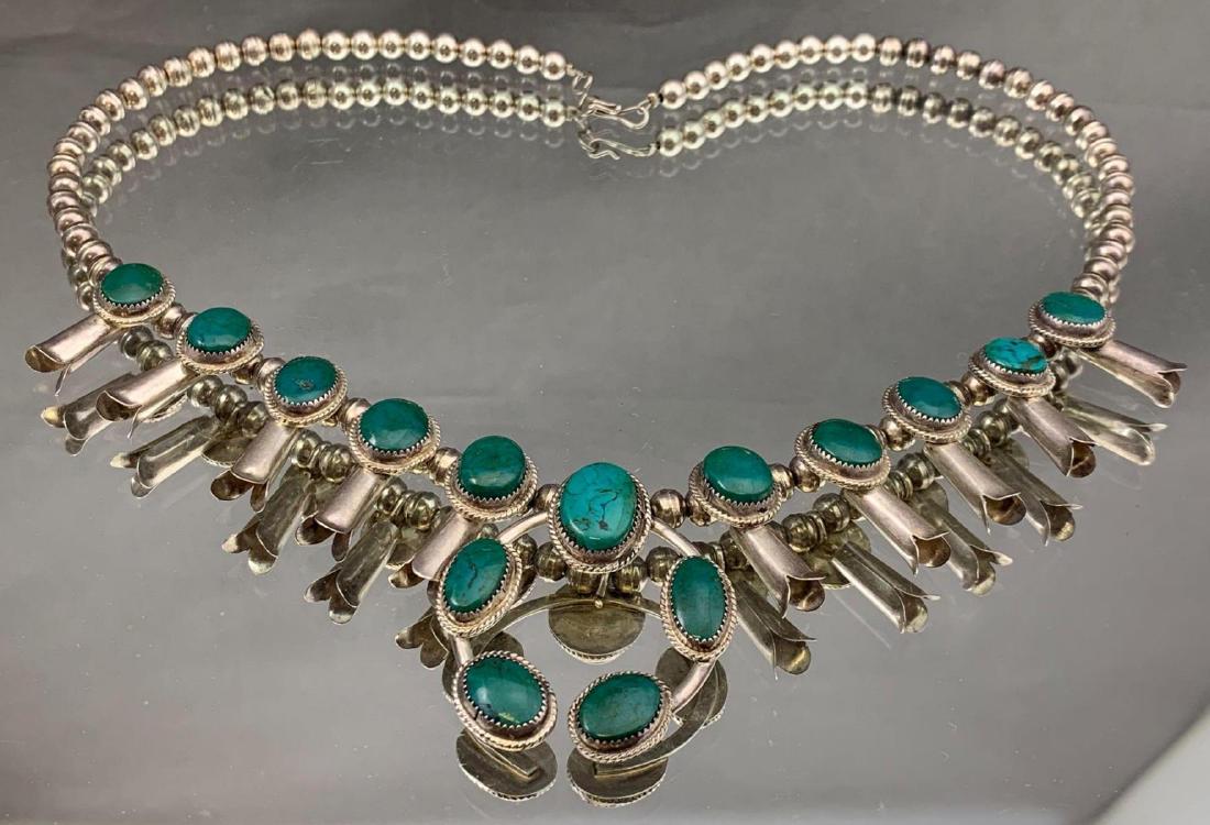 Coin Silver bench bead and turquoise squash blossom (1 of 5)