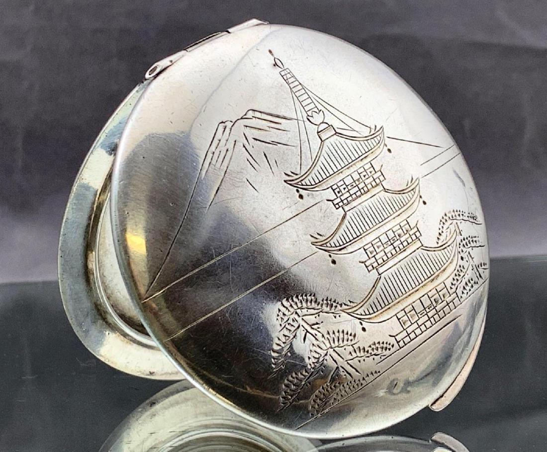 Japanese Etched 950 Silver Compact, Mt Fuji and Pagoda, (1 of 4)
