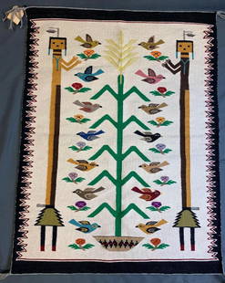 Navajo Native American Bird Pictorial Rug Weaving, Rena: Older Navajo Native American bird pictorial rug by Rena Mountain. Approximately 29 x 39 inches.