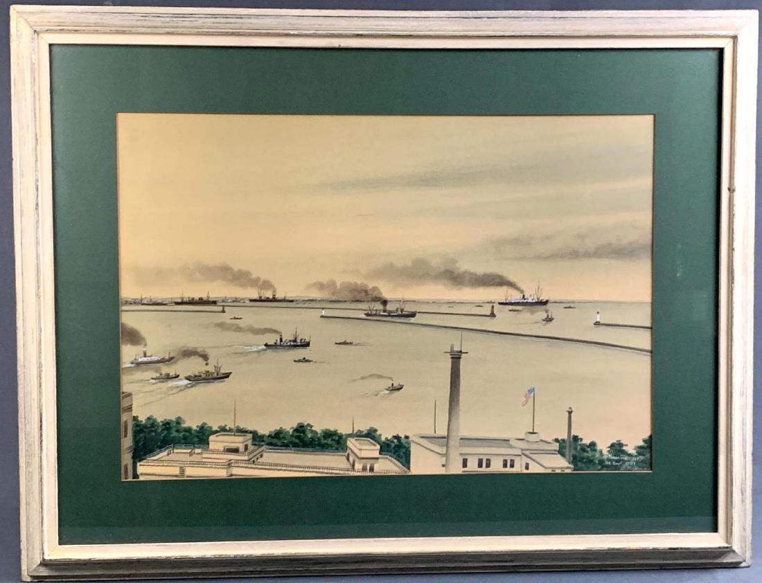 Rare and unsual Kojima watercolor painting by a: Rare and unsual Kojima watercolor painting by a Japanese artist of Occupied Japan after WW2 titled Yokohma JAP 14 Sept 1951, signed I. Kojima. See American flags on buildings and military Navy ships i