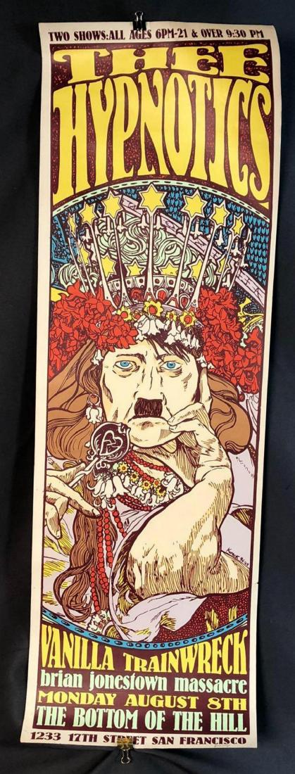 Frank Kozik, Three Hypnotics San Francisco Concert: Thee Hypnotics, Vanilla Trainwreck, and Brian Jonestown Massacre, Kozik concert poster, at The Bottom of The Hill venue San Francisco, pencil signed. Known as 94-24 in the Frank Kozik series.Locksmi
