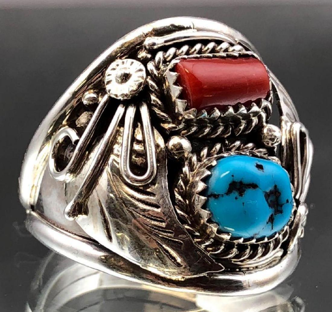 Navajo Turquoise and Coral Sterling Ring, L. Spencer (1 of 5)