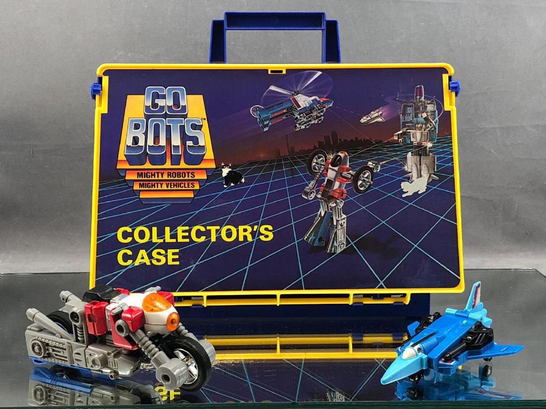 Collection of 17 Go-Bots Figures and Collector Case: Tonka Go Bots collectors case with 17 Figures circa 1980's. Case approximately 11 x 10 x 4.5 in.