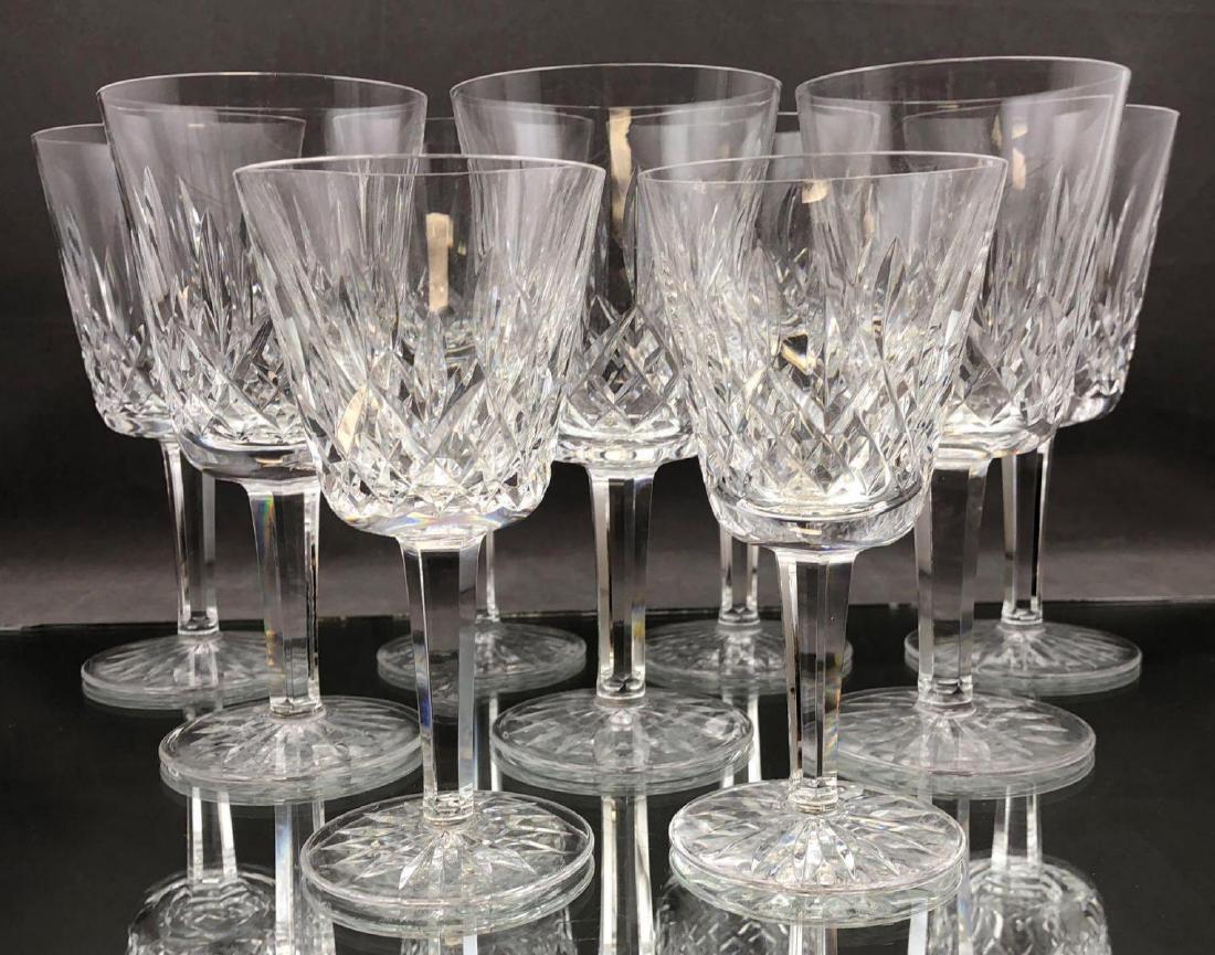 Lot of 9 Waterford Crystal Goblets, Glengary Pattern: Nine piece Waterford cut crystal wine glasses in Glengary pattern. 7 large glasses Measuring approximately 7 x 3.5 in diameter, and two small glasses approximately 5.75 x 3in diameter