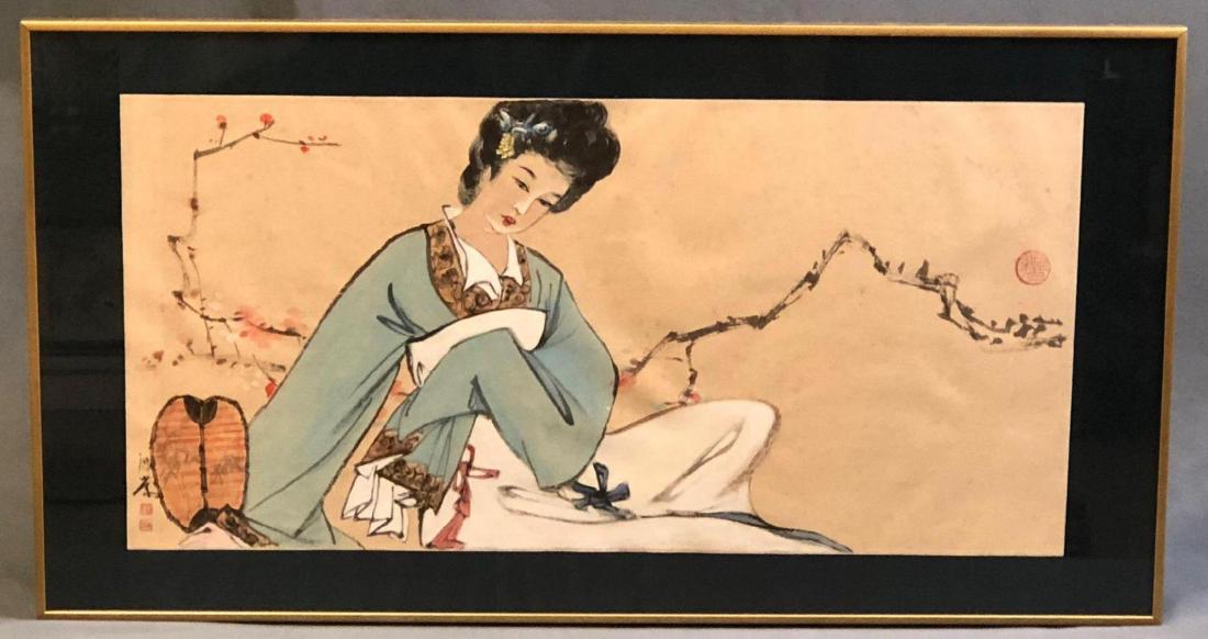 Hsu Ju-Wang-Wen-Ching, Chinese School Watercolor: Chinese Gouche painting signed/stamped Hsu Ju-Wang-Wen-Ching painting of house. Measures approximately 26.5 x 13 inches. Frame is approximately 32 1/2 x 17 1/2".