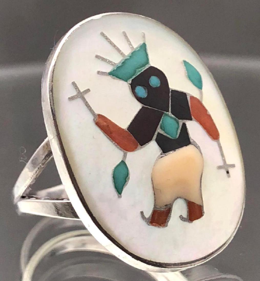Zuni Inlay Dancer Ring, Sterling, Turquoise, Coral (1 of 5)
