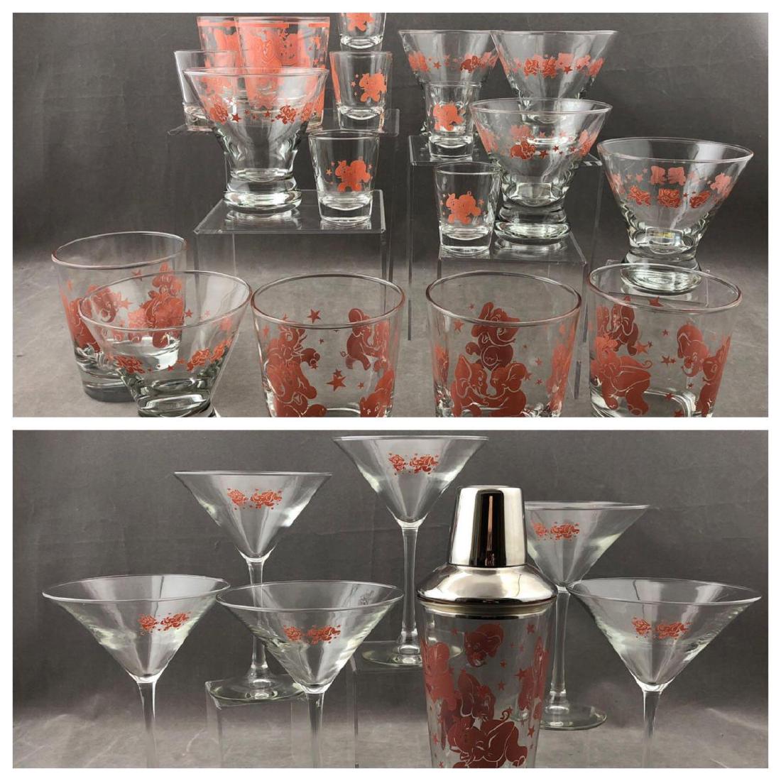 25 Piece Libby Dura Tuff Pink Elephant Barware Set: 25 piece Libby Dura Tuff Pink Elephant barware set. Martini glasses, highball glasses, shot glasses, cocktail shaker, and more. Cocktail shaker approximately 9.5 x 4, tall cocktail glass 7 x 5, hi Bob