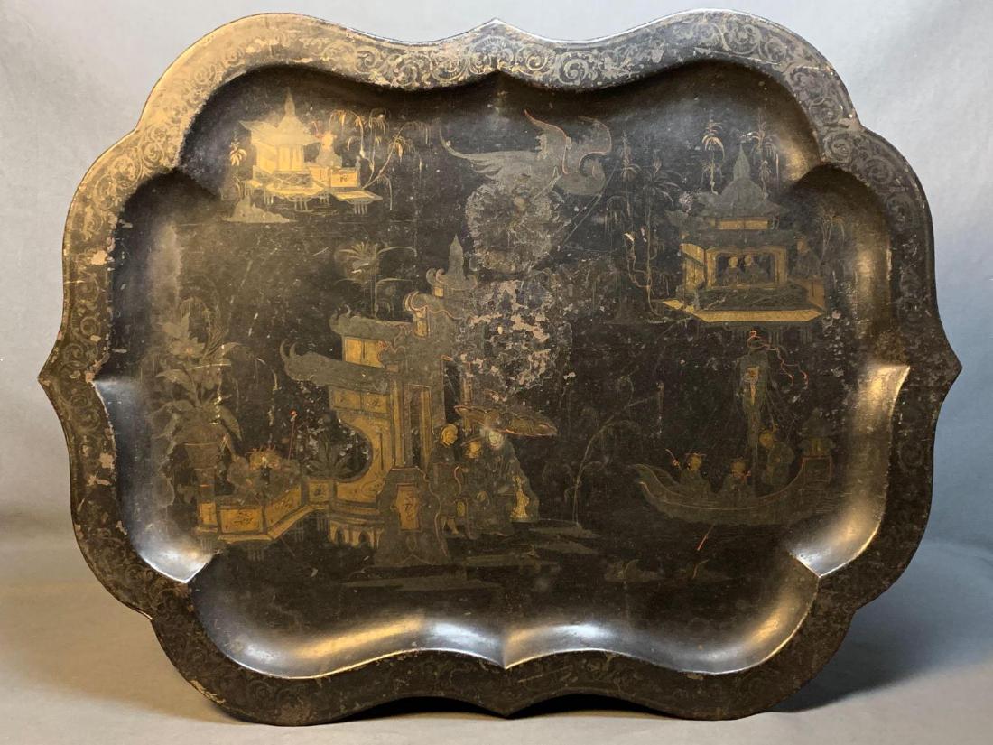 19th C. Continental Chinoiserie Tole Painted Tray, (1 of 8)