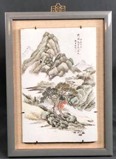 Chinese Handpainted Landscape Porcelain Plaque,: Antique Chinese plaque signed, of mountain scene and trees. Approximately 19.5 x 14, tile approximately 15.25 x 10.