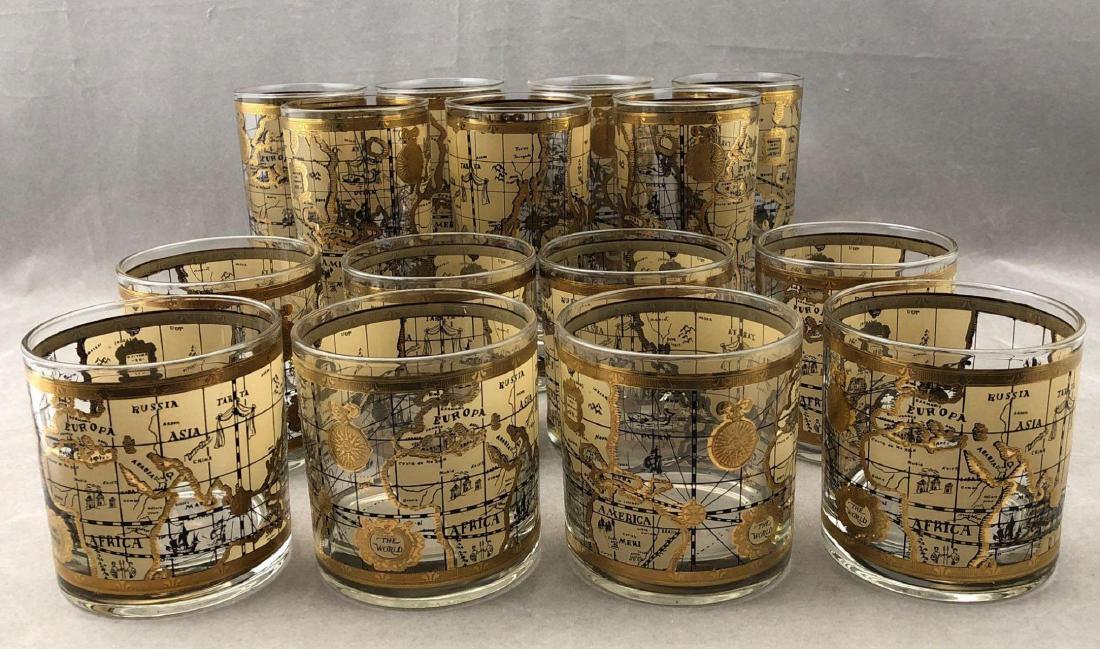 24k Gold Map Old Fashioned Glasses, Vera Glass: Vera Glass Old Fashion glasses with six matching water glasses With 24k gold embossed Maps design. Approximately 3.5 x 3 in.