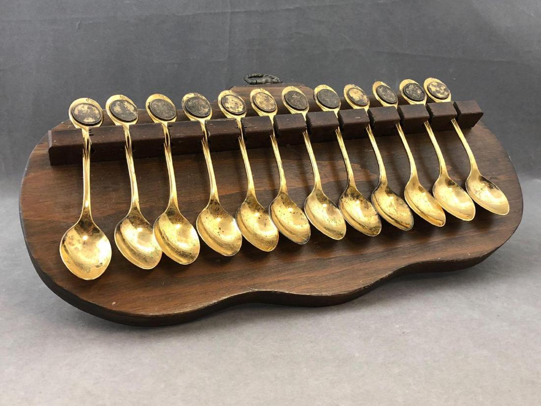 Set of Vermeil Carlos Sierra Franco Spoons, 361.9g: Set of Vermeil/gold over sterling silver Carlos Sierra Franco spoons with holder, 361.9 g proximately 14 x 8 x .75. Spoons approximately 5 in.