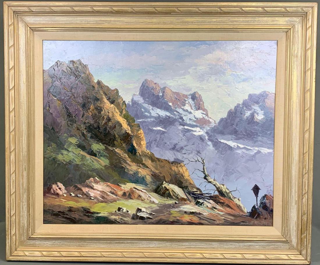 Marshall Merritt (1904-1978) Impressionist on Canvas.: Marshall Merritt (1904-1978) impressionist impasto on canvas of mountain landscape titled The Shrine, signed. Approximately 38.25 x 32.5 in sight 23.5 x 29.25 in.
