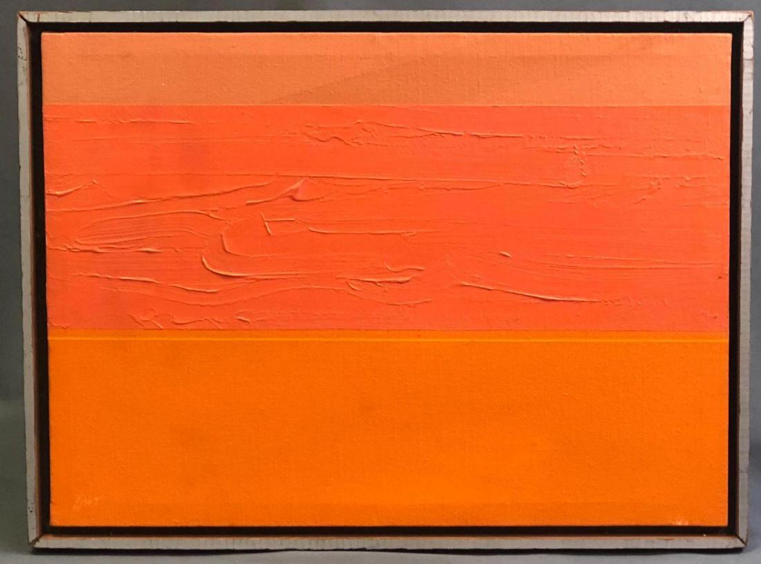 Donald Roy Thompson, "Jugarakis", Acrylic on Canvas,: Donald Roy Thompson American - California (1936-present) Mid Century Modern color field acrylic on canvas titled Jugarakis,1965. Sits in wood shadow box frame, approximately 23.5 x 17.5 in sight 22 x 
