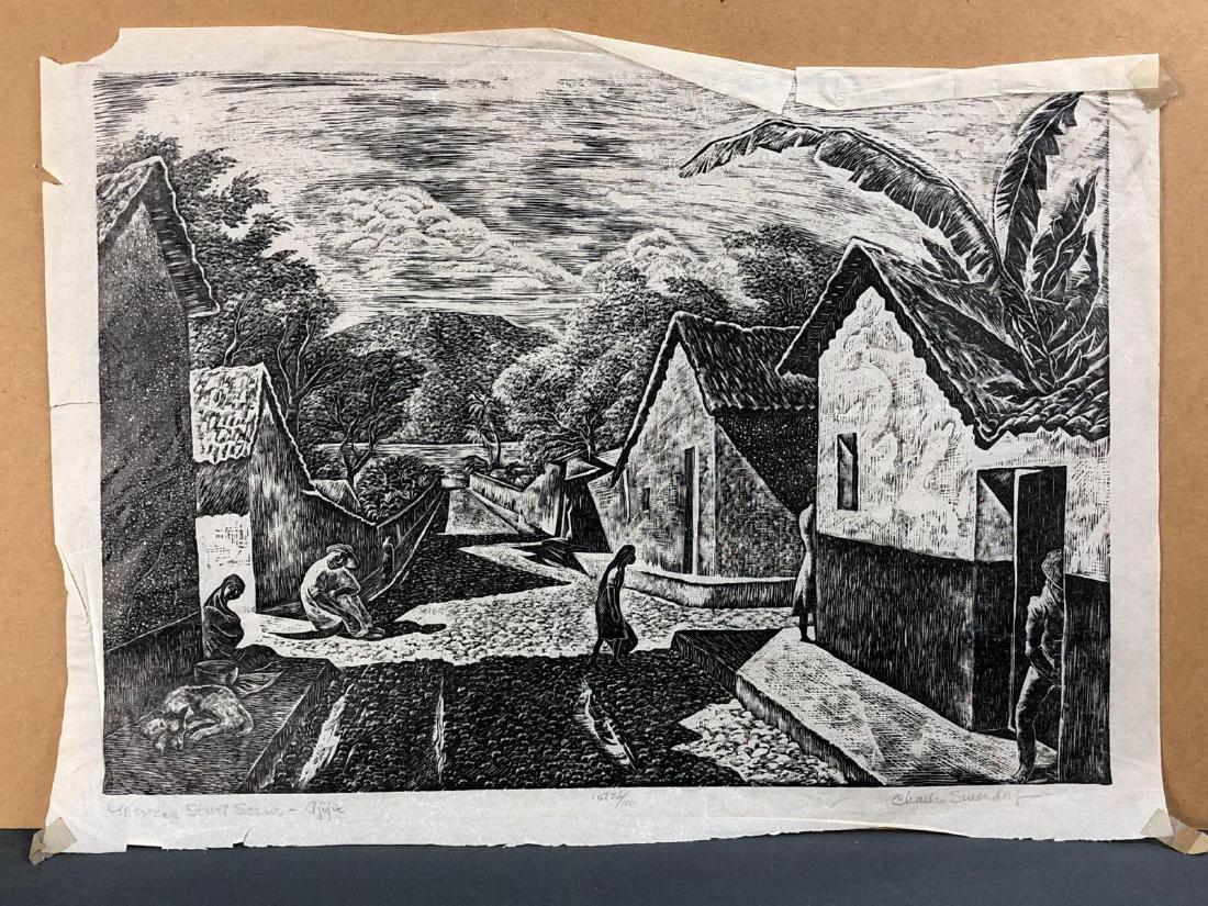 Charles Surendorf, "Mexican Street Scene - Ajijic",: Charles Surendorf (1906-1979) (American - California) linocut on paper titled Mexican Street Scene- Ajijic pencil signed and numbered 1st sd/100. Approximately 18.5 x 13.75 in sight 17 x 12 in.