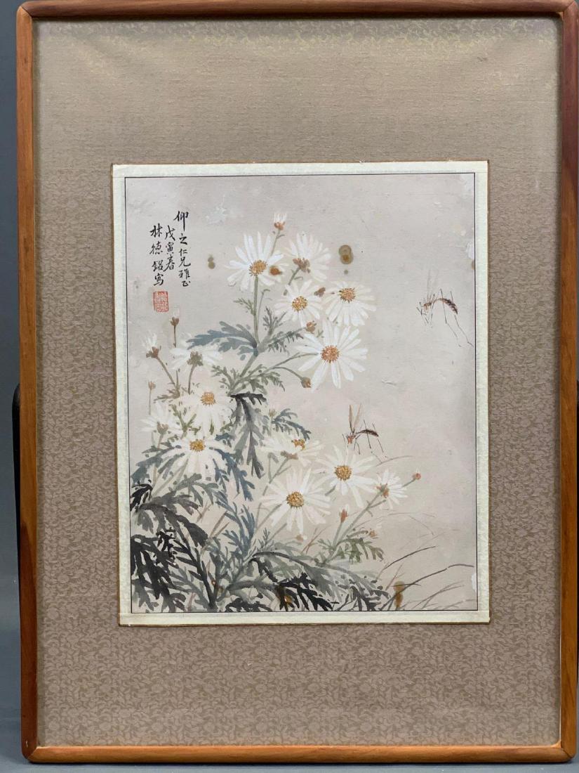 Chinese Watercolor of Daisies: Chinese watercolor of daisies and insects, signed. 22 x 16.25 in sight 13.5 x 11 in.