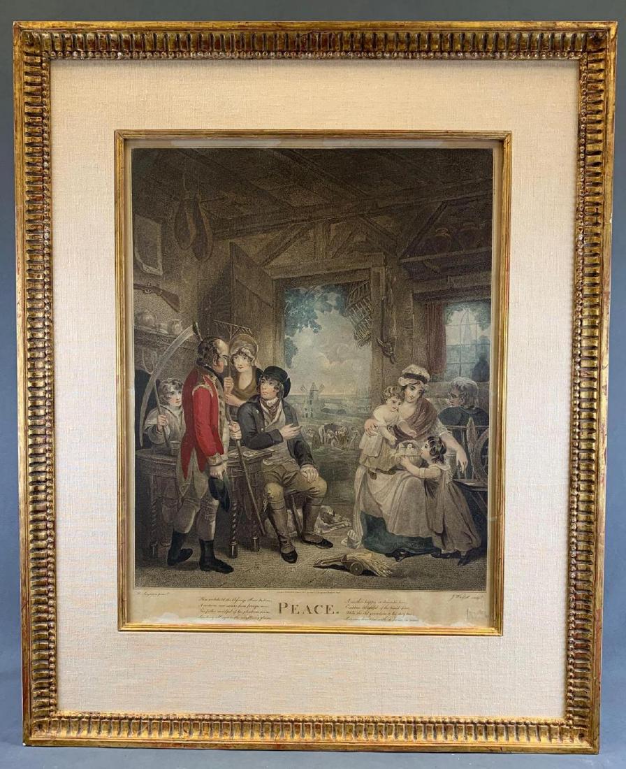 "Peace", Colored Etching After Henry Singleton, 1805: Colored engraving London, 1805 Published by John P. Thompson. Colored engraving by J. Whefsell after Henry Singleton (British, 1766-1839) titled €œPeace€ under glass in gilt wood frames.Approxima