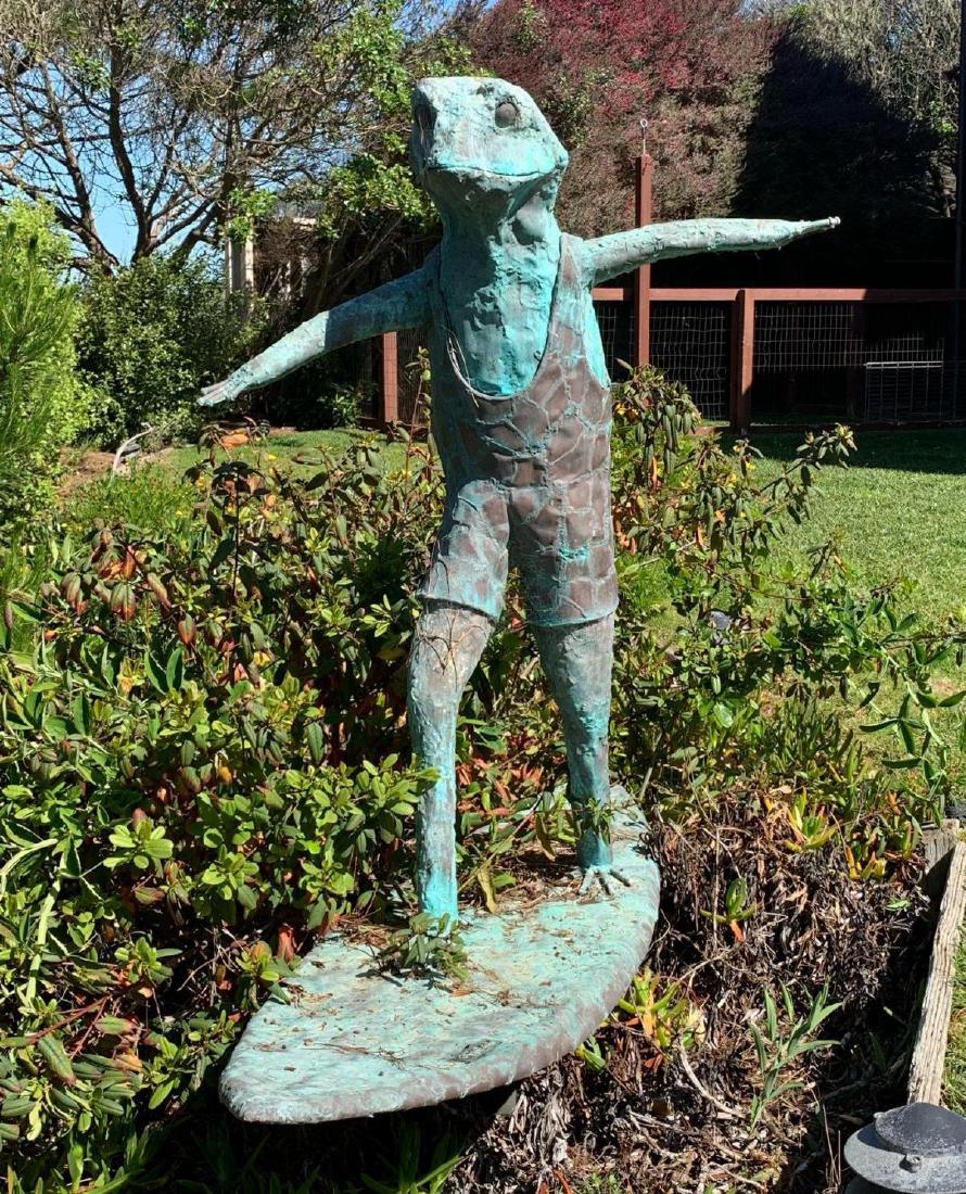 Original Albert Buibara, Large Bronze of Surfing Frog: Albert Guibara bronze surfing frog art sculpture. In Guibara's unmistakable style his custom commissioned bronze frog balances atop a shortboard (surfboard) pedestal, his patina green from more than