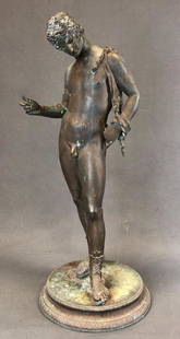 Sabatino de Angelis, Narcissus Bronze Sculpture, 19th: Sabatino De Angelis finely detailed bronze statue of Narcissus, sometimes said to Dionysus, signed Sab-De Angelis & Fils, Naples. A famed Grand Tour souvenir bronze for Europe's elite. 19th century. A