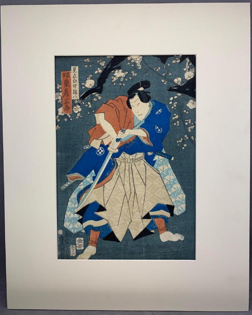 Japanese Ukiyo-E Woodblock Print, After Utagawa: Kunisada Samurai matted wood block print signed in Japanese as well as marked. Approximately 20 x 16 in with mat, print 13.5 x 9.5 in.