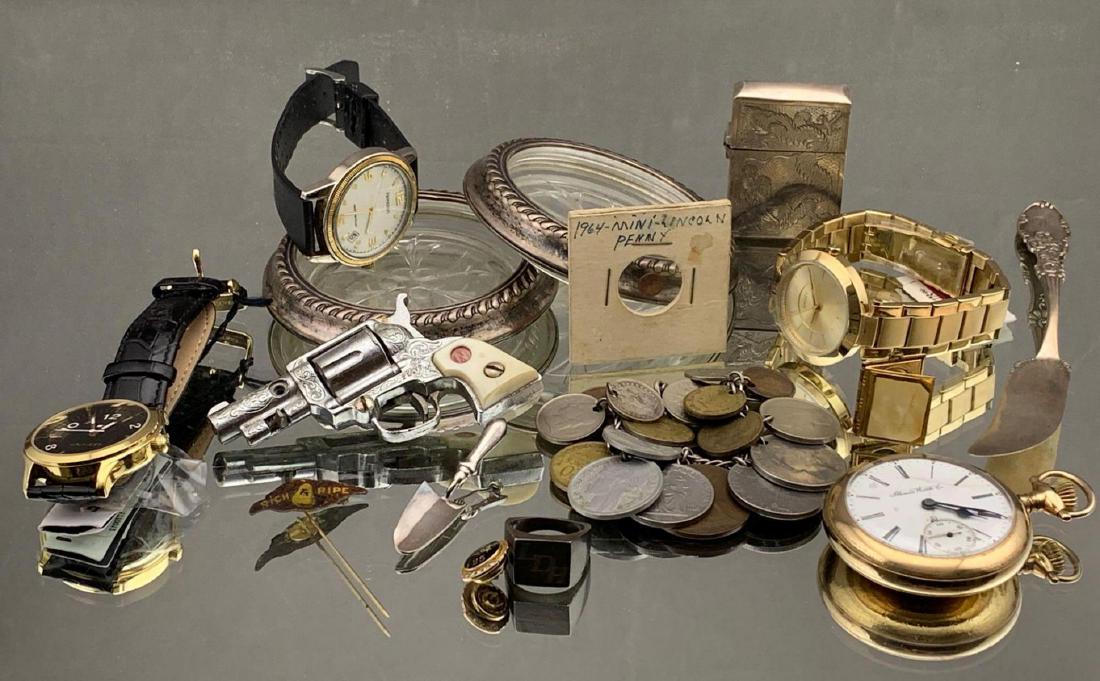 Lot of Men's Items, Including Jewelry and Coins: Lot of various items and accessories including 4 watches (1 Armitron, 1 Tommy Hilfiger, 1 DKNY, 1 Illinois Watch Co. pocket watch), 1 coin bracelet, 1 mini penny, 1 locket pendant, 3 pins, 1 ring, 1 c