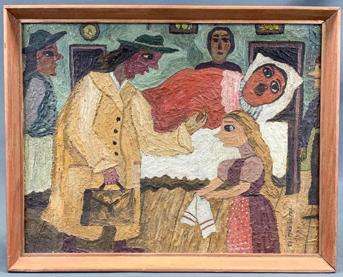 Czech School, "Patient In Bed", Girjak Lujza, Oil on: Girjak Lujza Oil on board painting titled Patient in Bed 1975, signed, folk art style. 18.5 x 14.75 x 1.25 in. Sight 17 x 13 in. Measures are approximate.