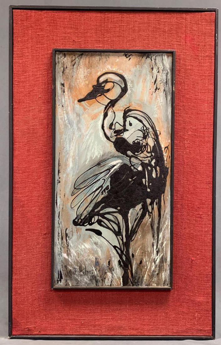 "Swamp Bird", Sallie Holmes, Disney Animator, Mixed: Beautiful and unusual mid century modern influenced painting of an Egret by Sallie Holmes. Sallie Holmes was a Disney animator at the time of production, and one can see a definite influence of the ab