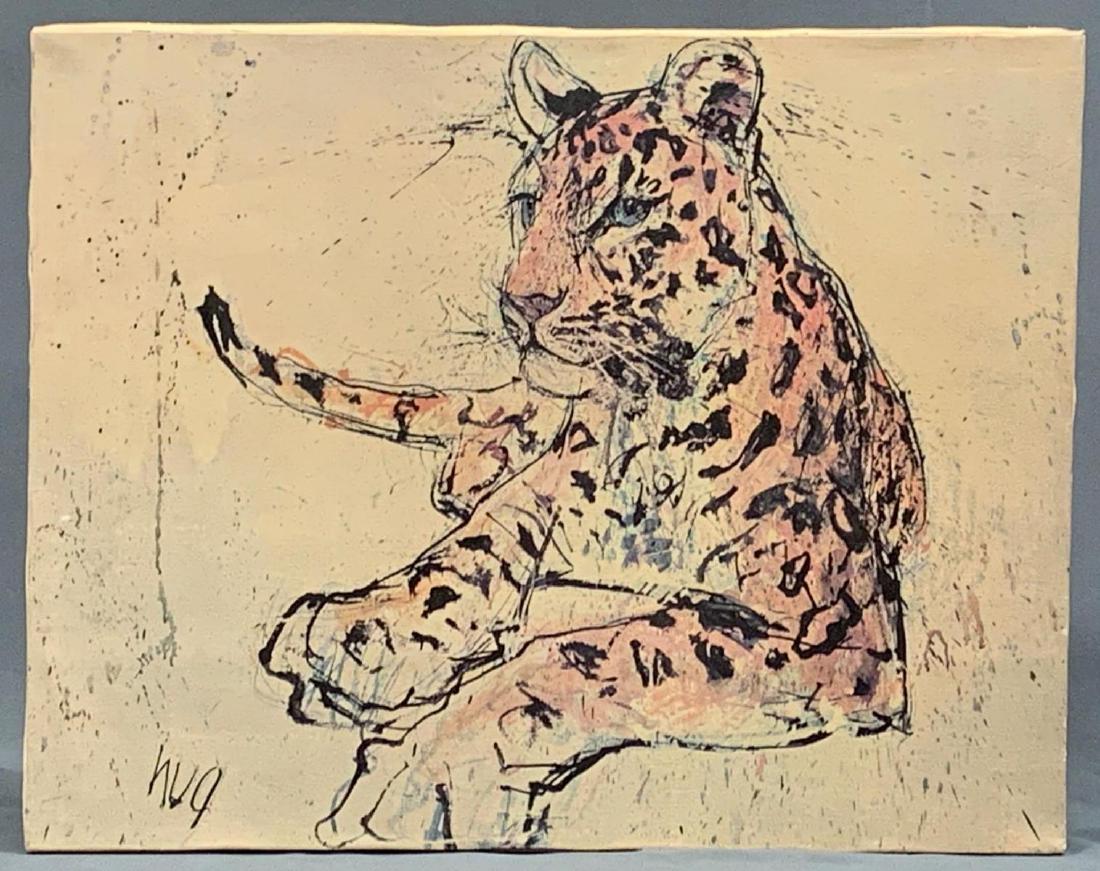 Fritz Rudolph Hug, Leopard Lounging, Mid Century Print: Fritz Rudolph Hug (1921-1989) print on canvas of Leopard. Approximately 27.75 x 22 x 0.75 in.