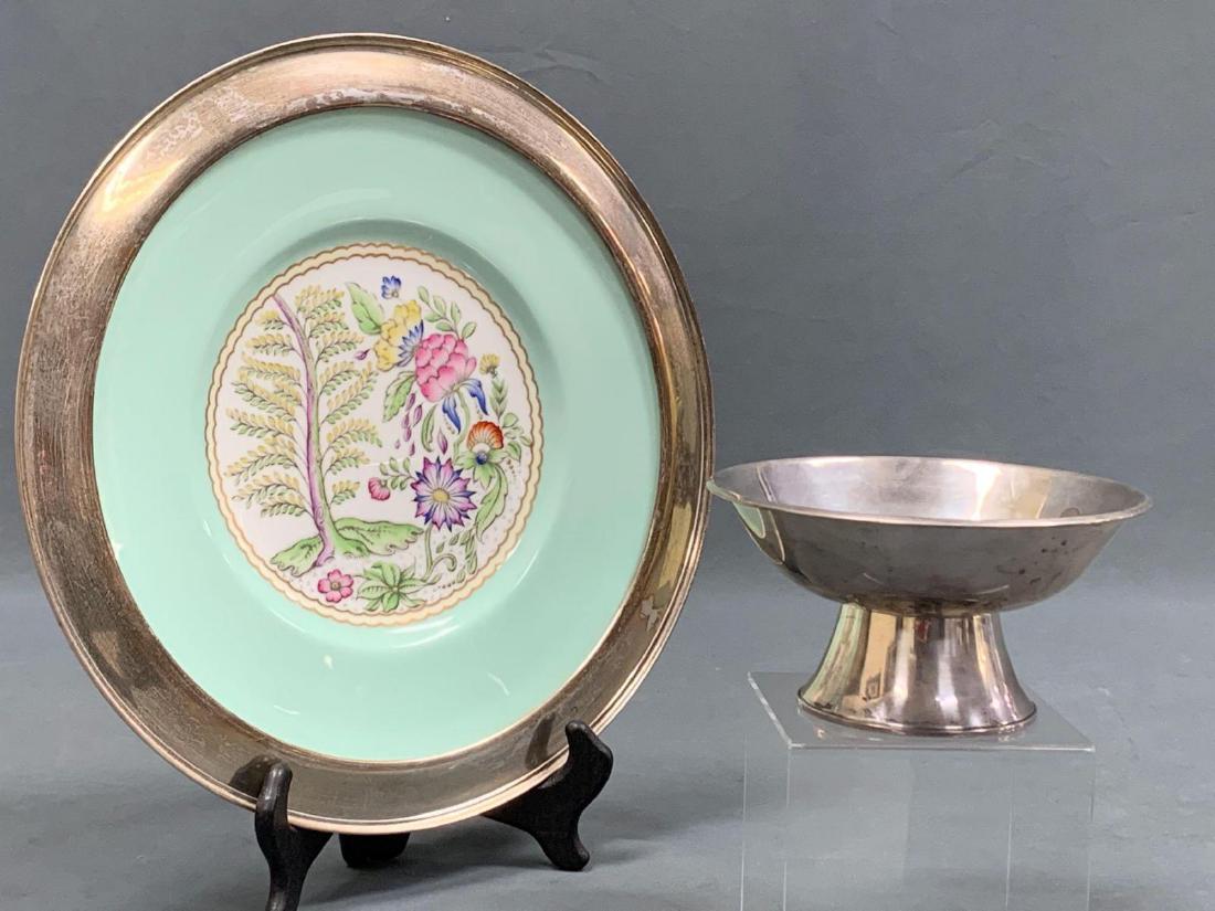 Gorham & Royal Worcester Sterling Serving Pieces: Two sterling silver serving pieces, Royal Worcester Bone China plate, Gorham 817 Sterling silver weighted bowl. Plate approximately 12.5 x 12.5 in. Bowl approximately 6 x 6 x 3 in.