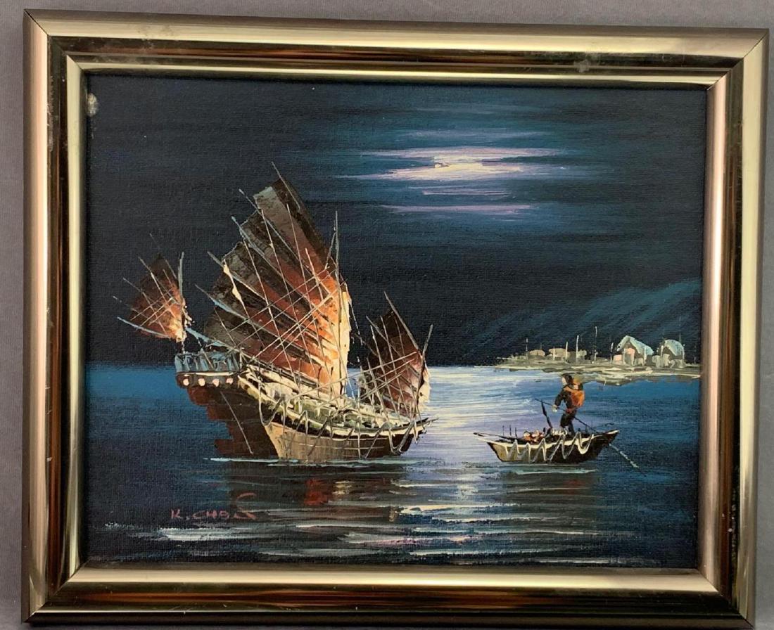 Oil On Canvas, Chinese Junk Night Sail, Signed K. Chan