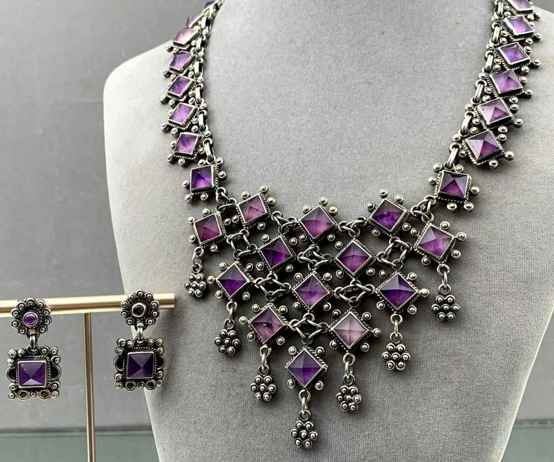 Vintage Mexican Sterling & Amethyst Necklace & Earrings (1 of 12)