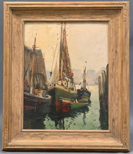 Anthony Thieme, "Rockport Wharf", Oil on Board: Anthony Thieme (1888- 1954) oil on board titled Rockport Wharf. Approximately 22.5 x 25.75 in, sight 18.75 x 14.75 in.