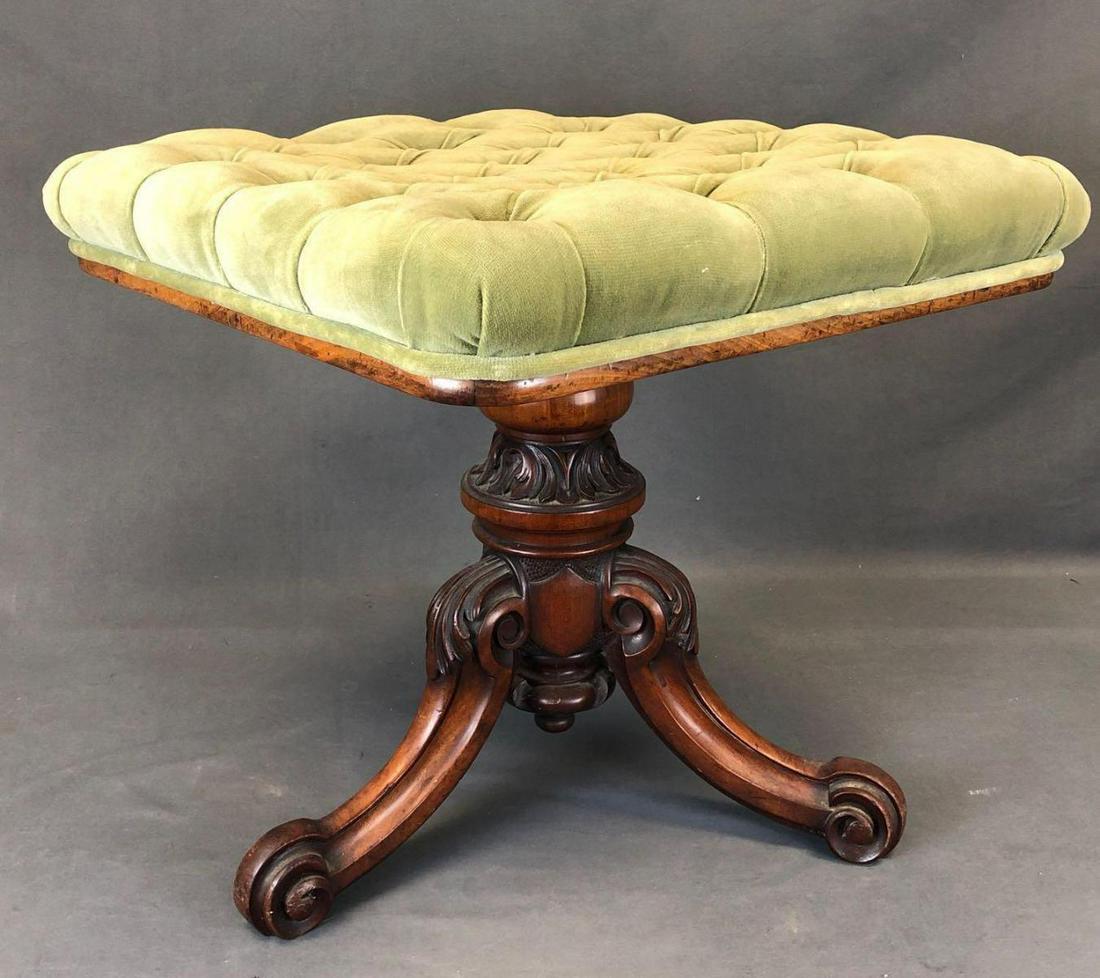 Antique Velvet Tufted Piano Stool: Green cushioned wooden leg stool. Approximately 20 x 20 x 19in.