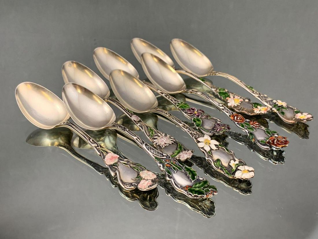 8 Decorative Sterling Silver Floral Spoons: 8 Sterling Silver Floral Spoons, colorful painted floral designs on handles, marked "Sterling", 118.3g, approximately 5.25 x 1.25 inches. All credit cards will be manually verified prior to shipment.