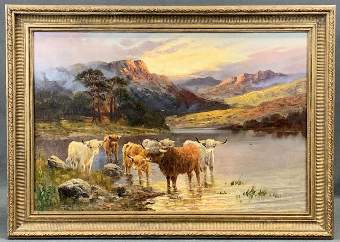 William Langley Oil On Canvas, Highland Cows: Oil on canvas titled Highland Cows in wood decorative frame. Signed William Langley. Approximately 35 x 25 x 2in. sight view 29 x 19in.