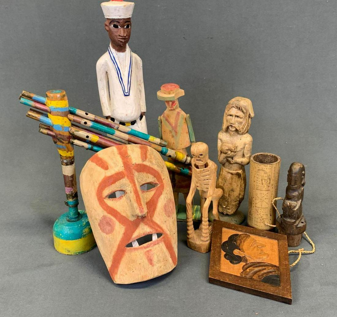 Ethnographic Graphic Folk Art Lot: Box of Ethnographic objects and American Folk Art (Amazon, Borneo, Latin American, European, Caribbean, V.S) most items marked (Hatti, F73.102.5 , Amazon Basin #72605-A, Italy~1920~)