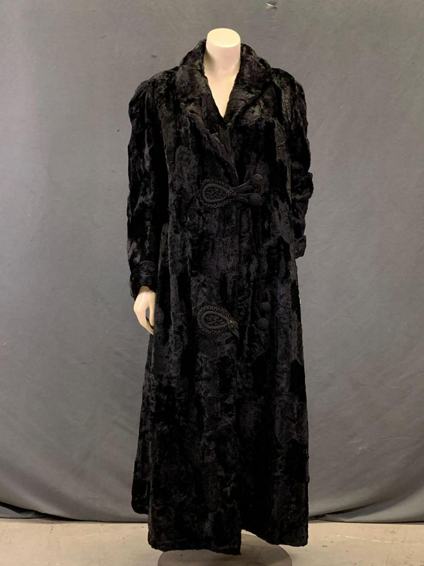 Early Edwardian Black Faux Sea Otter Fur Over Coat: Early Edwardian black faux sea otter fur overcoat with braided closure.