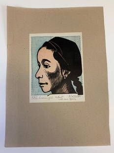 Elizabeth Catlett, "Indian Girl", Inscribed Woodblock: Woodblock print titled Indian Girl, numbered 27/100 signed E. Catlett. Inscription reads To Bert with Love, Betty. 14 x 10in, sight 7.25 x 5.5in.