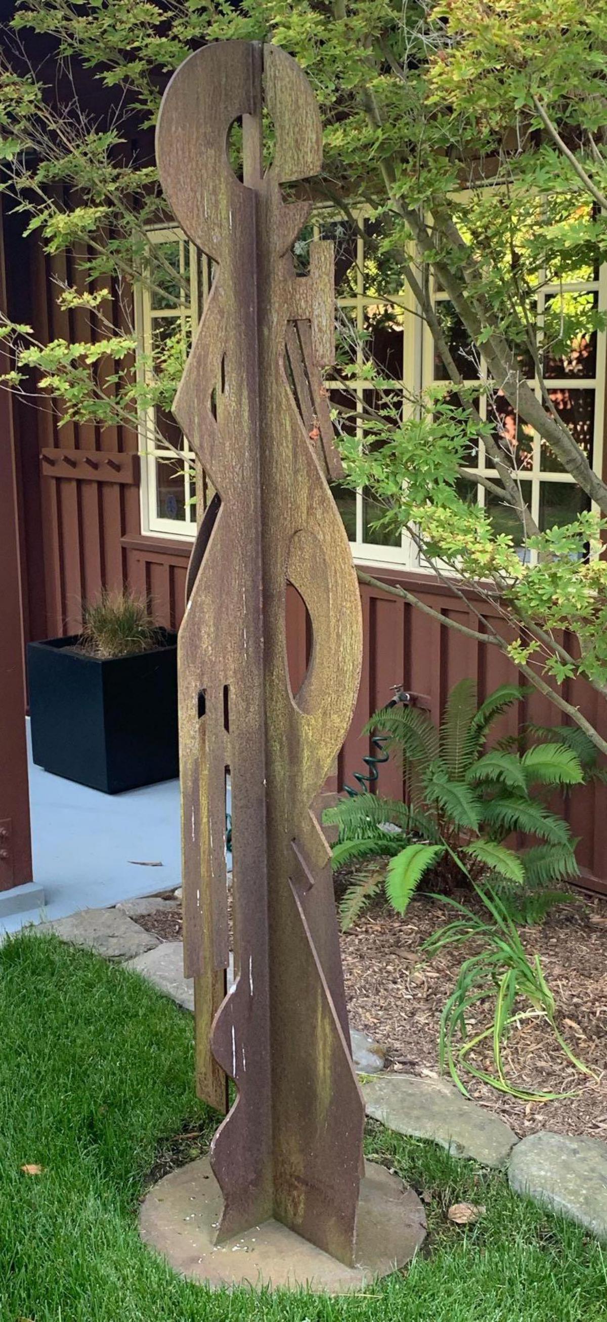 Gregory Hawtorne, Steel Totem: Contemporary Hawthorne steel totem statue made by Gregory Hawthorn. Sandblasted acid washed steel in good condition. Approximate base diameter of 24inches and height of 97inches.