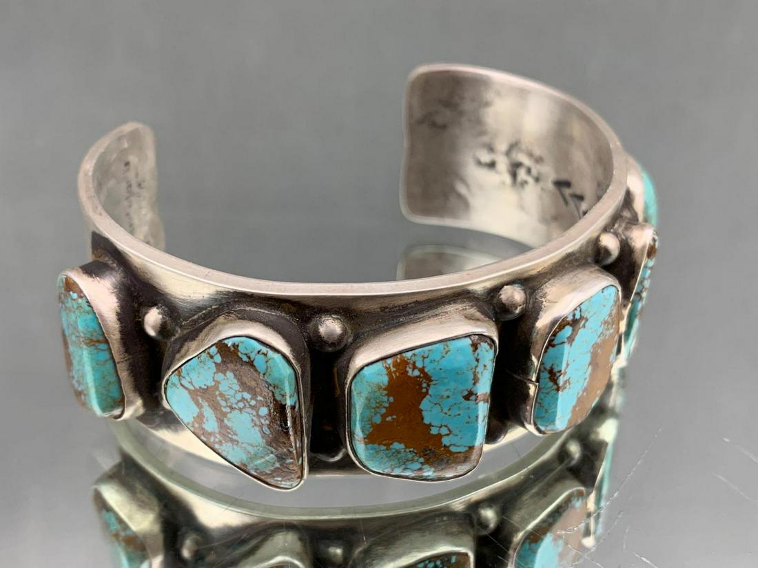 Heavy Gauge Zuni Sterling and Turquoise Cuff, 103.7g,: Heavy Gauge Zuni Sterling and Turquoise Cuff, 103.7g, With 6 Large Bezel Set Turquoise Gemstones, signed by Silversmith Jude Candelaria, Zuni, NM, inner circumference approximately 6 inches, cuff brea