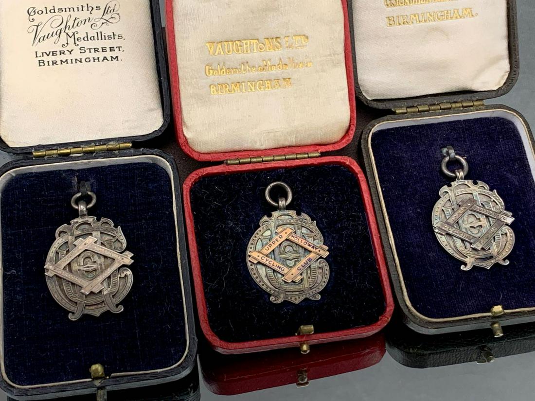 3 1920's Gold And Sterling Upper Holloway Cycling Club: 3 Upper Holloway Cycling Club Medals, 1 with 8k gold detail, approximately 1.5 x 1 in., engraved on back 12 Hours Tandem Aug 23rd 1925 A. Vare 206 1/4 Miles, 12 Hours Aug 7th 1927 190 Miles Won By A.