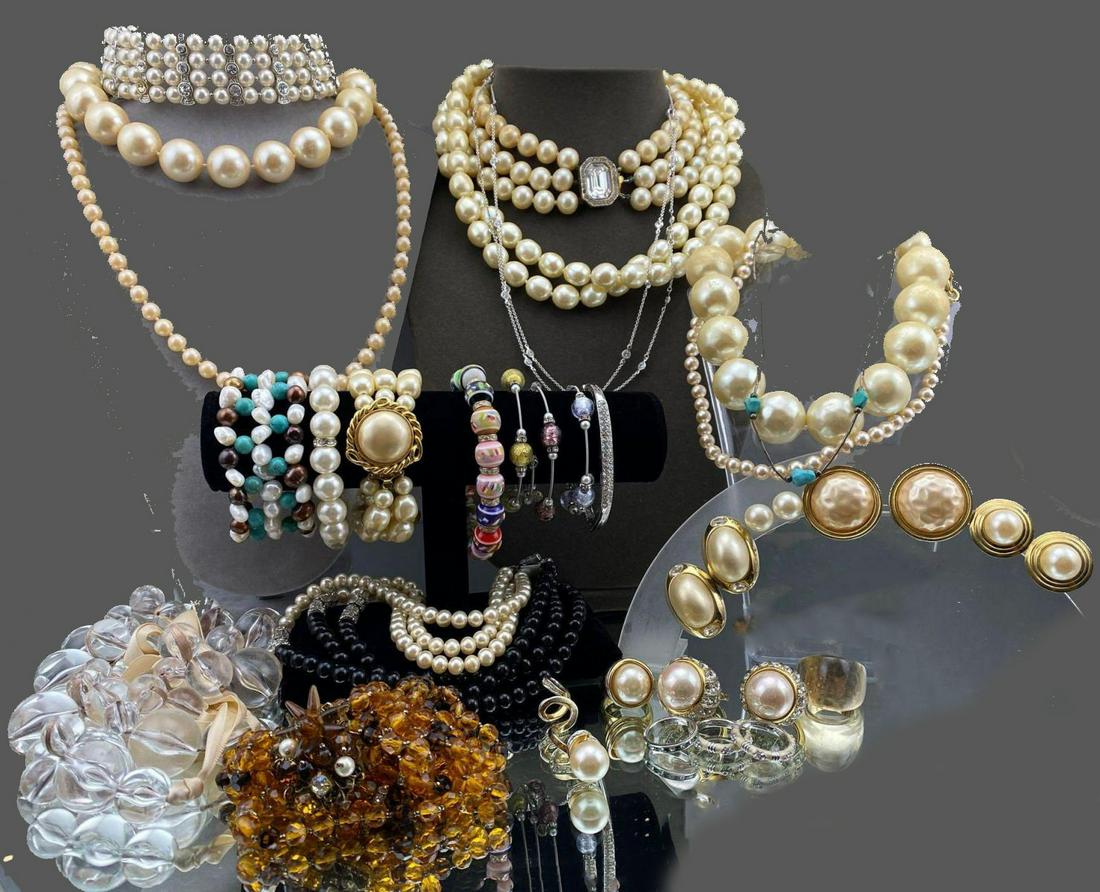 Large Costume Jewelry Lot Filled with Fantastic Pieces: Large 35 Item Jewlery Lot, including Carolee, KJL, pearls, resin and glass beads, 8 bracelets, 12 necklaces, 7 rings, 4 pairs of earrings, and 1 pendant. Necklaces 16-43 in., bracelets 6-7 in. All mea