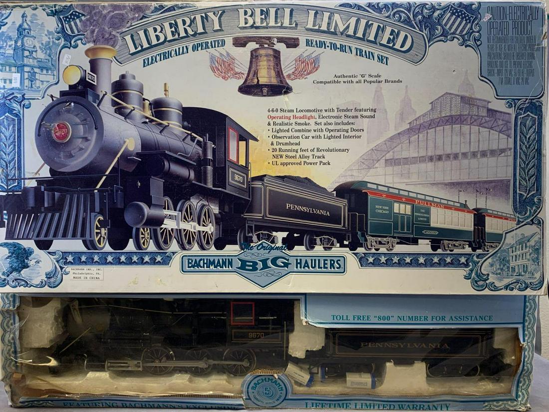 Bachmann Big Haulers G scale electric operated train: Bachmann Big Haulers G scale electric operated train set with Steam Locomotive with original box. This set has an operating headlight, steam sound, smoke operating doors, lighted observation car with